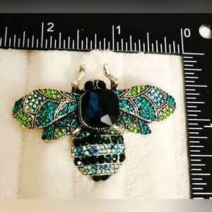 Blue Green Rhinestone Bee Brooch Large Sapphire Blue Center Stone Bumble Bee Pin